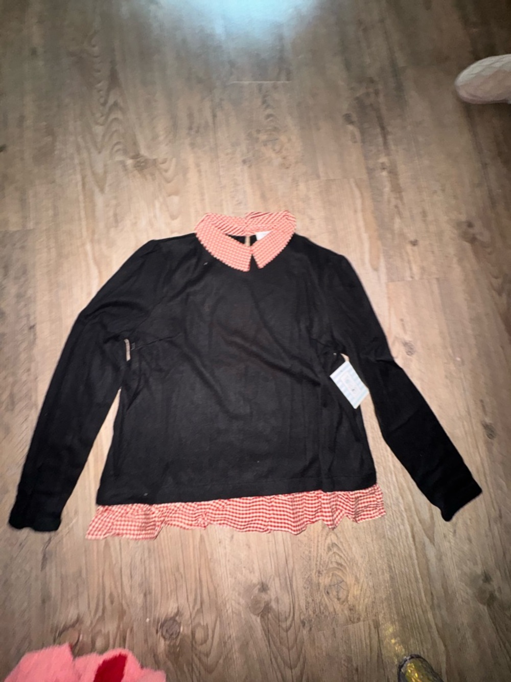 Tulip B Light Black Sweater with Red Gingham Collar and Trim